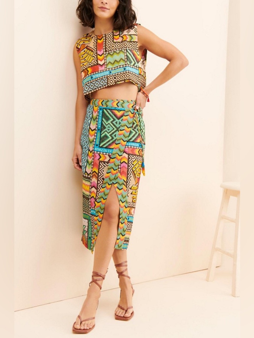NWT Farm Rio Set Banana 100% Linen Crop Top + Midi Skirt XS